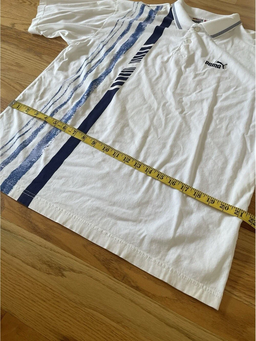 Puma 90S Tennis Polo Shirt Rare Size Large white W Blue Stripes